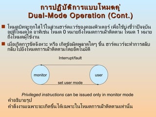 การปฏิบัติการแบบโหมดคู่ Dual-Mode Operation (Cont.) โหมดบิทจะถูกใส่ไว้ในส่วนฮาร์ดแวร์ของคอมพิวเตอร์ เพื่อใช้บ่งชี้ว่าปัจจุบันอยู่ที่โหมดใด อาทิเช่น โหมด  0  หมายถึงโหมดการเฝ้าติดตาม โหมด  1  หมายถึงโหมดผู้ใช้งาน  เมื่อเกิดการขัดจังหวะ หรือ เกิดข้อผิดพลาดใดๆ ขึ้น ฮาร์ดแวร์จะทำการสลับกลับไปยังโหมดการเฝ้าติดตามโดยอัตโนมัติ  Privileged instructions  can be issued only in monitor mode monitor user Interrupt/fault set user mode คำอธิบายรูป คำสั่งงานเฉพาะจะเกิดขึ้นได้เฉพาะในโหมดการเฝ้าติดตามเท่านั้น 