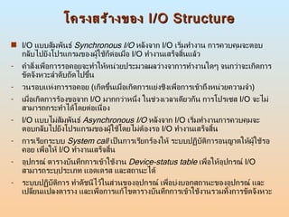 โครงสร้างของ  I/O Structure I/O  แบบสัมพันธ์  Synchronous I/O   หลังจาก  I/O  เริ่มทำงาน การควบคุมจะตอบกลับไปยังโปรแกรมของผู้ใช้ก็ต่อเมื่อ  I/O  ทำงานเสร็จสิ้นแล้ว  คำสั่งเพื่อการรอคอยจะทำให้หน่วยประมวลผลว่างจาการทำงานใดๆ จนกว่าจะเกิดการขัดจังหวะลำดับถัดไปขึ้น วนรอบแห่งการรอคอย  ( เกิดขึ้นเมื่อเกิดการแย่งชิงเพื่อการเข้าถึงหน่วยความจำ ) เมื่อเกิดการร้องขอจาก  I/O  มากกว่าหนึ่ง ในช่วงเวลาเดียวกัน การโปรเซส  I/O  จะไม่สามารถกระทำได้โดยต่อเนื่อง  I/O  แบบไม่สัมพันธ์  Asynchronous I/O   หลังจาก  I/O  เริ่มทำงานการควบคุมจะตอบกลับไปยังโปรแกรมของผู้ใช้โดยไม่ต้องรอ  I/O  ทำงานเสร็จสิ้น  การเรียกระบบ  System call   เป็นการเรียกร้องให้ ระบบปฏิบัติการอนุญาตให้ผู้ใช้รอคอย เพื่อให้  I/O  ทำงานเสร็จสิ้น  อุปกรณ์ ตารางบันทึกการเข้าใช้งาน  Device-status table   เพื่อให้อุปกรณ์  I/O  สามารถระบุประเภท แอดเดรส และสถานะได้ ระบบปฏิบัติการ ทำดัชนีไว้ในส่วนของอุปกรณ์ เพื่อบ่งบอกสถานะของอุปกรณ์ และเปลี่ยนแปลงตาราง และเพื่อการแก้ไขตารางบันทึกการเข้าใช้งานรวมทั้งการขัดจังหวะ 