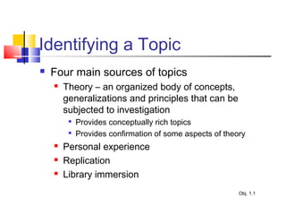 Identifying a Topic
 Four main sources of topics
 Theory – an organized body of concepts,
generalizations and principles that can be
subjected to investigation

Provides conceptually rich topics

Provides confirmation of some aspects of theory
 Personal experience
 Replication
 Library immersion
Obj. 1.1
 
