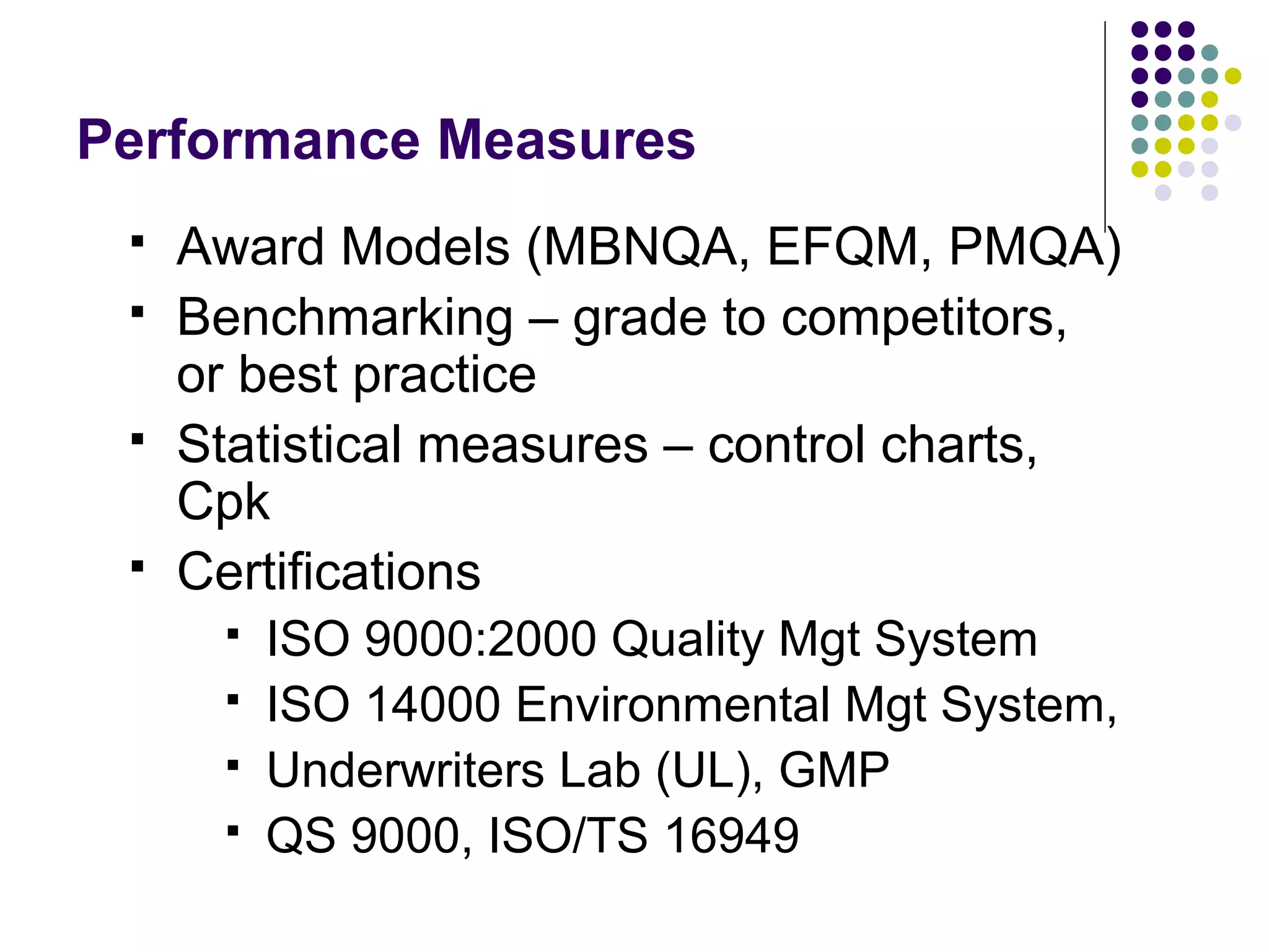 Performance Measures
 Award Models (MBNQA, EFQM, PMQA)
 Benchmarking – grade to competitors,
or best practice
 Statistical measures – control charts,
Cpk
 Certifications
 ISO 9000:2000 Quality Mgt System
 ISO 14000 Environmental Mgt System,
 Underwriters Lab (UL), GMP
 QS 9000, ISO/TS 16949
 