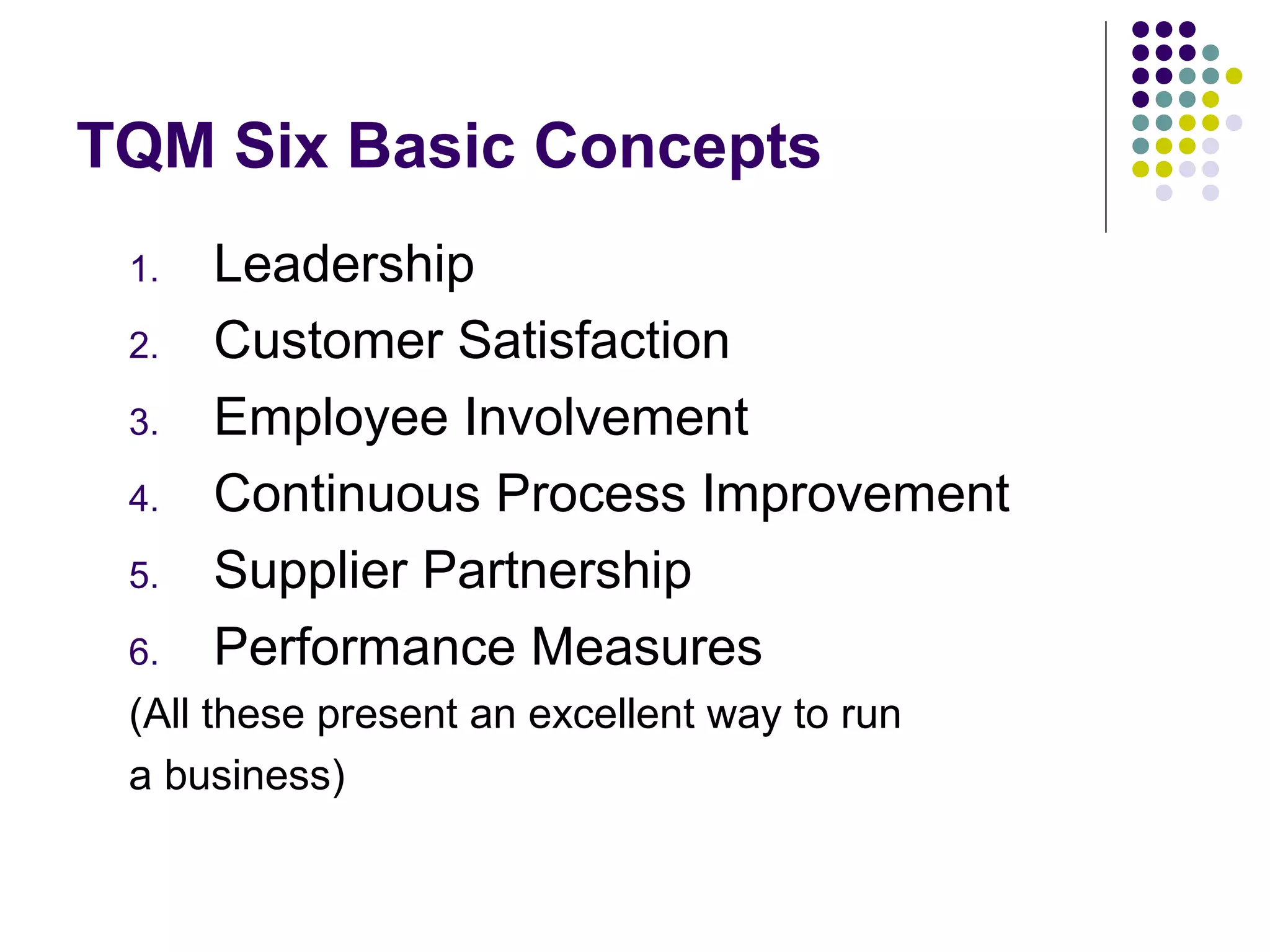 TQM Six Basic Concepts
1. Leadership
2. Customer Satisfaction
3. Employee Involvement
4. Continuous Process Improvement
5. Supplier Partnership
6. Performance Measures
(All these present an excellent way to run
a business)
 