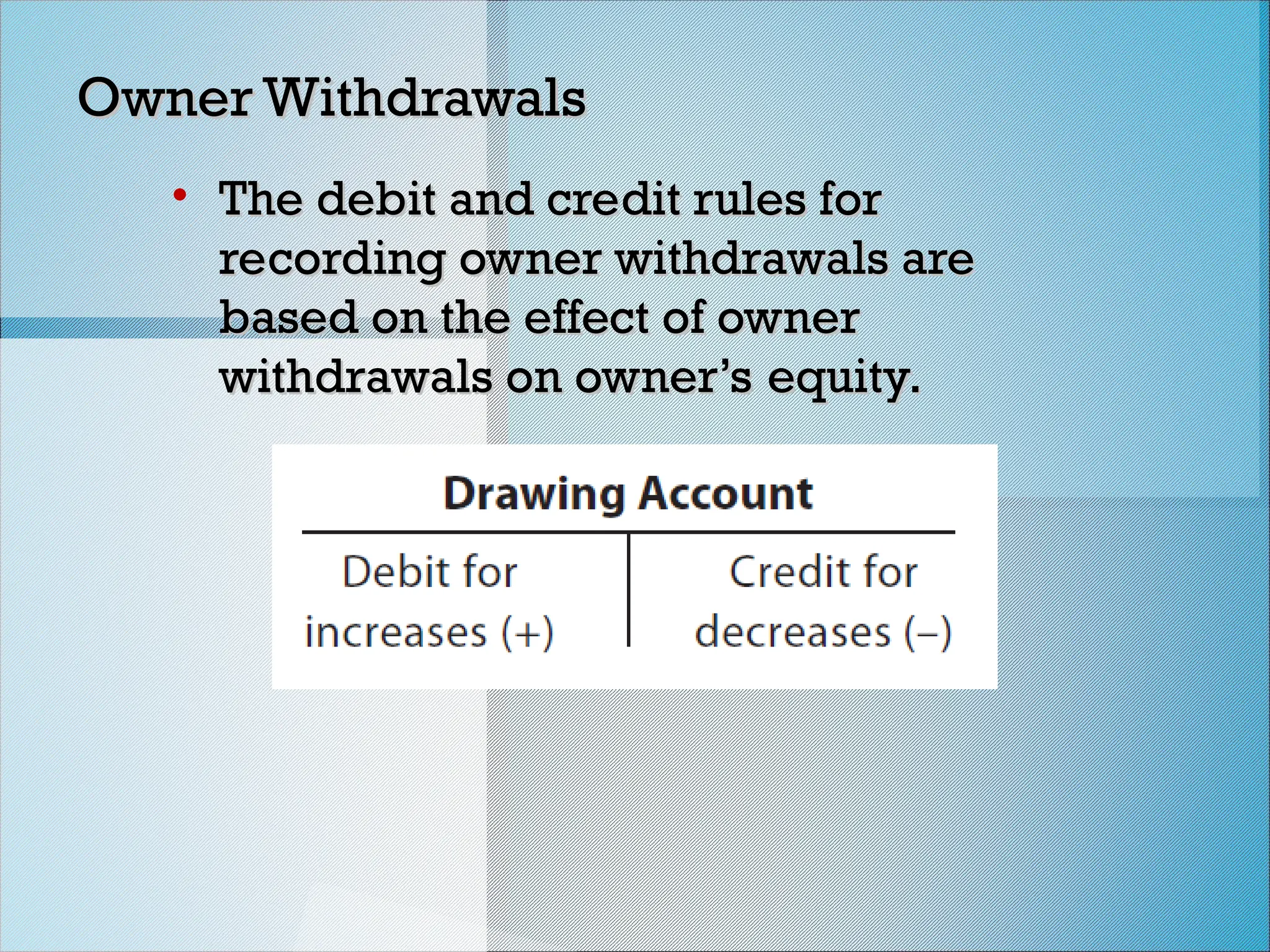 Owner Withdrawals
Owner Withdrawals
• The debit and credit rules for
The debit and credit rules for
recording owner withdrawals are
recording owner withdrawals are
based on the effect of owner
based on the effect of owner
withdrawals on owner’s equity.
withdrawals on owner’s equity.
 