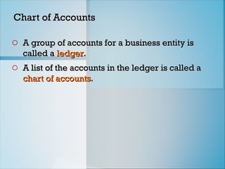 Chart of Accounts
Chart of Accounts
o A group of accounts for a business entity is
A group of accounts for a business entity is
called a
called a ledger
ledger.
.
o A list of the accounts in the ledger is called a
A list of the accounts in the ledger is called a
chart of accounts
chart of accounts.
.
 
