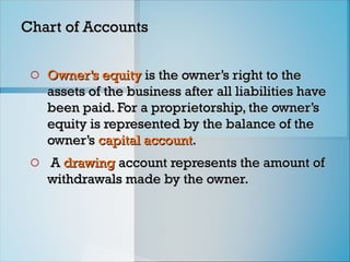 Chart of Accounts
Chart of Accounts
o Owner’s equity
Owner’s equity is the owner’s right to the
is the owner’s right to the
assets of the business after all liabilities have
assets of the business after all liabilities have
been paid. For a proprietorship, the owner’s
been paid. For a proprietorship, the owner’s
equity is represented by the balance of the
equity is represented by the balance of the
owner’s
owner’s capital account
capital account.
.
o A
A drawing
drawing account represents the amount of
account represents the amount of
withdrawals made by the owner.
withdrawals made by the owner.
 