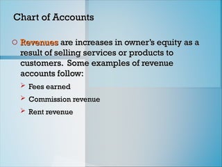 Chart of Accounts
Chart of Accounts
o Revenues
Revenues are increases in owner’s equity as a
are increases in owner’s equity as a
result of selling services or products to
result of selling services or products to
customers. Some examples of revenue
customers. Some examples of revenue
accounts follow:
accounts follow:
 Fees earned
Fees earned
 Commission revenue
Commission revenue
 Rent revenue
Rent revenue
 