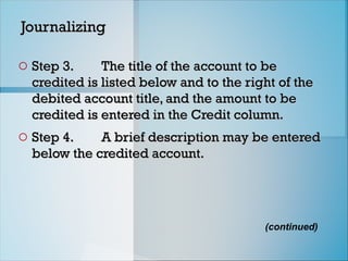 (continued)
Journalizing
Journalizing
o Step 3.
Step 3. The title of the account to be
The title of the account to be
credited is listed below and to the right of the
credited is listed below and to the right of the
debited account title, and the amount to be
debited account title, and the amount to be
credited is entered in the Credit column.
credited is entered in the Credit column.
o Step 4.
Step 4. A brief description may be entered
A brief description may be entered
below the credited account.
below the credited account.
 