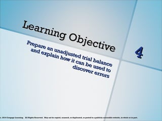c. 2014 Cengage Learning. All Rights Reserved. May not be copied, scanned, or duplicated, or posted to a publicly accessible website, in whole or in part.
Learning Objective
Learning Objective
Prepare an unadjusted trial balance
Prepare an unadjusted trial balance
and explain how it can be used to
and explain how it can be used to
discover errors
discover errors
4
4
 