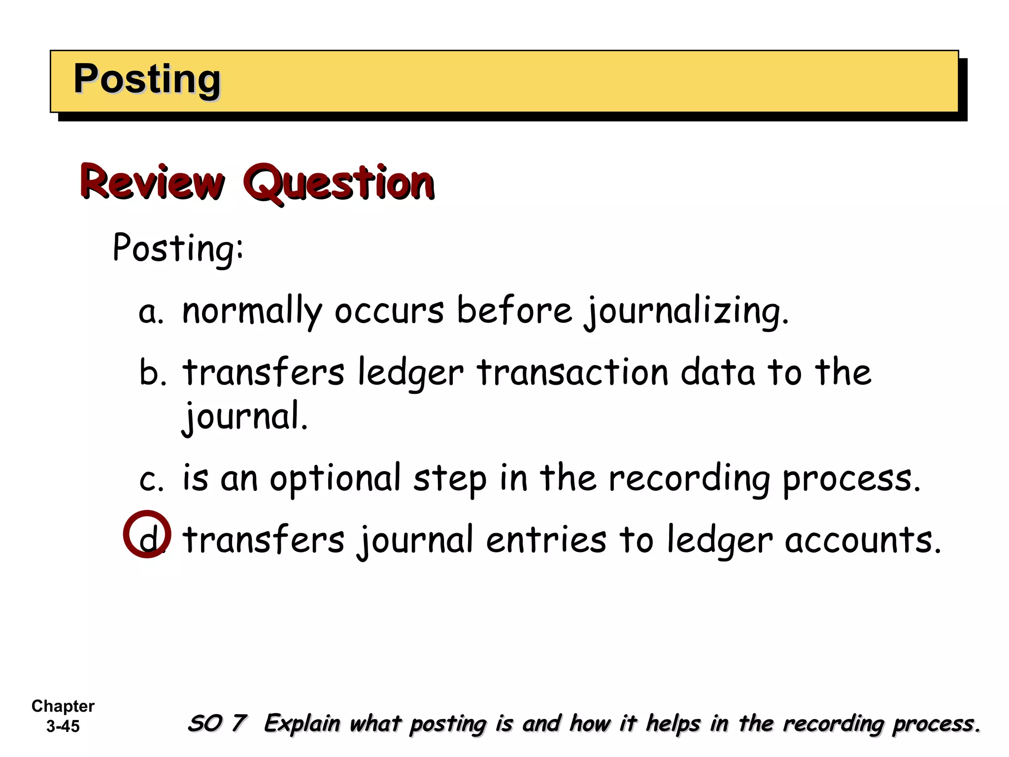 Posting Posting: normally occurs before journalizing. transfers ledger transaction data to the journal. is an optional step in the recording process. transfers journal entries to ledger accounts. Review Question SO 7  Explain what posting is and how it helps in the recording process. 