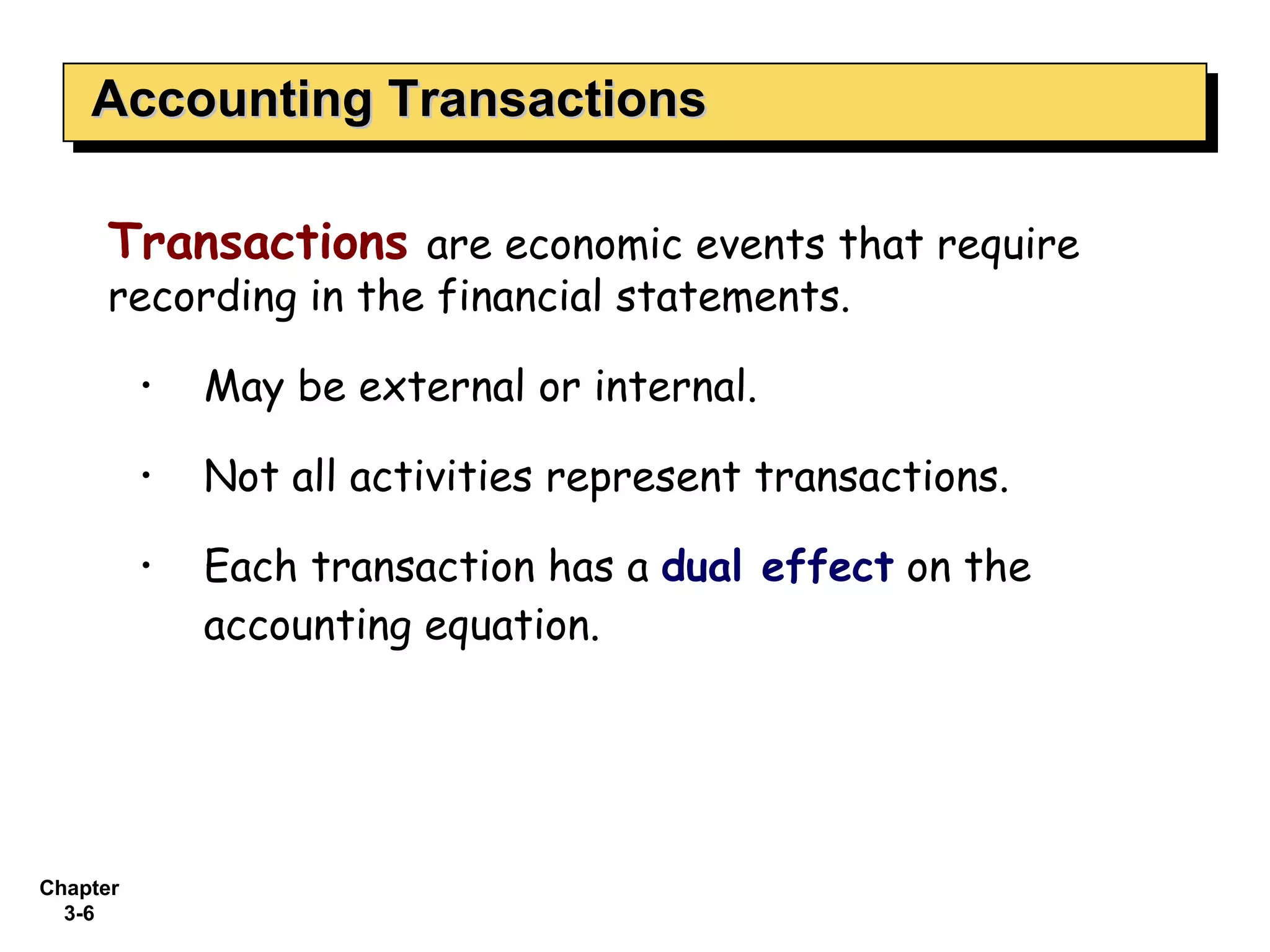 Accounting Transactions Transactions   are  economic events that require recording in the financial statements . May be external or internal. Not all activities represent transactions. Each transaction has a  dual effect  on the accounting equation. 