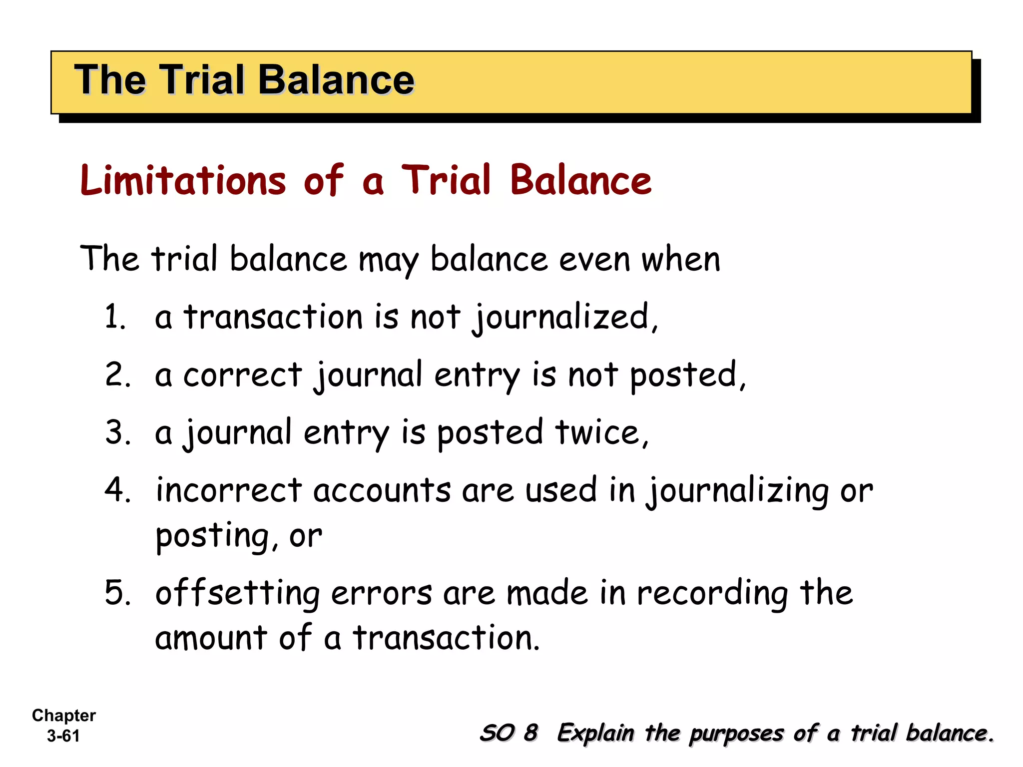 The Trial Balance The trial balance may balance even when  a transaction is not journalized,  a correct journal entry is not posted,  a journal entry is posted twice,  incorrect accounts are used in journalizing or posting, or  offsetting errors are made in recording the amount of a transaction. SO 8  Explain the purposes of a trial balance. Limitations of a Trial Balance 