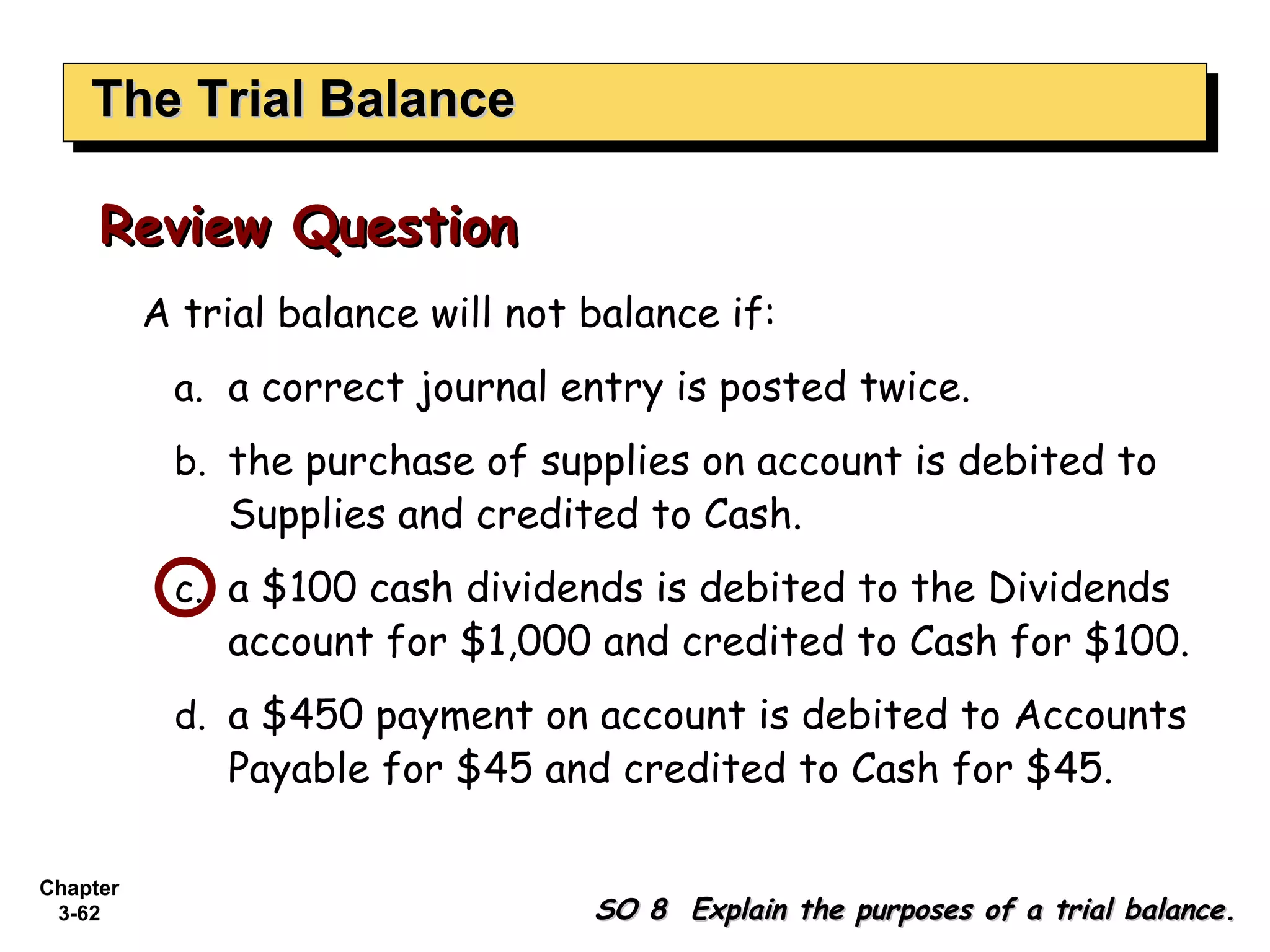 The Trial Balance A trial balance will not balance if: a correct journal entry is posted twice. the purchase of supplies on account is debited to Supplies and credited to Cash. a $100 cash dividends is debited to the Dividends account for $1,000 and credited to Cash for $100.  a $450 payment on account is debited to Accounts Payable for $45 and credited to Cash for $45. Review Question SO 8  Explain the purposes of a trial balance. 