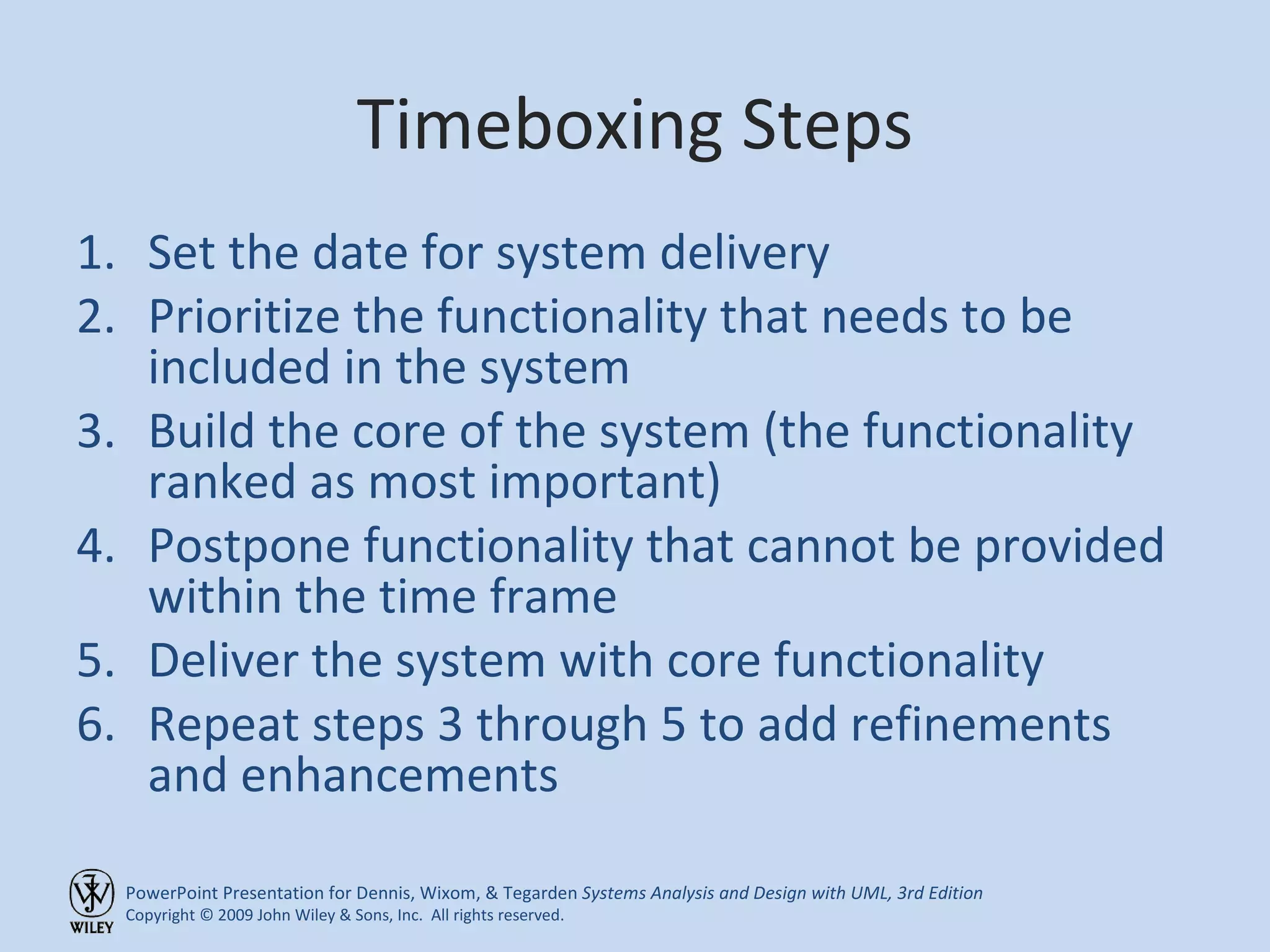 Timeboxing Steps Set the date for system delivery Prioritize the functionality that needs to be included in the system Build the core of the system (the functionality ranked as most important) Postpone functionality that cannot be provided within the time frame Deliver the system with core functionality Repeat steps 3 through 5 to add refinements and enhancements 