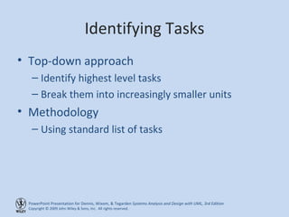 Identifying Tasks Top-down approach Identify highest level tasks Break them into increasingly smaller units Methodology Using standard list of tasks 
