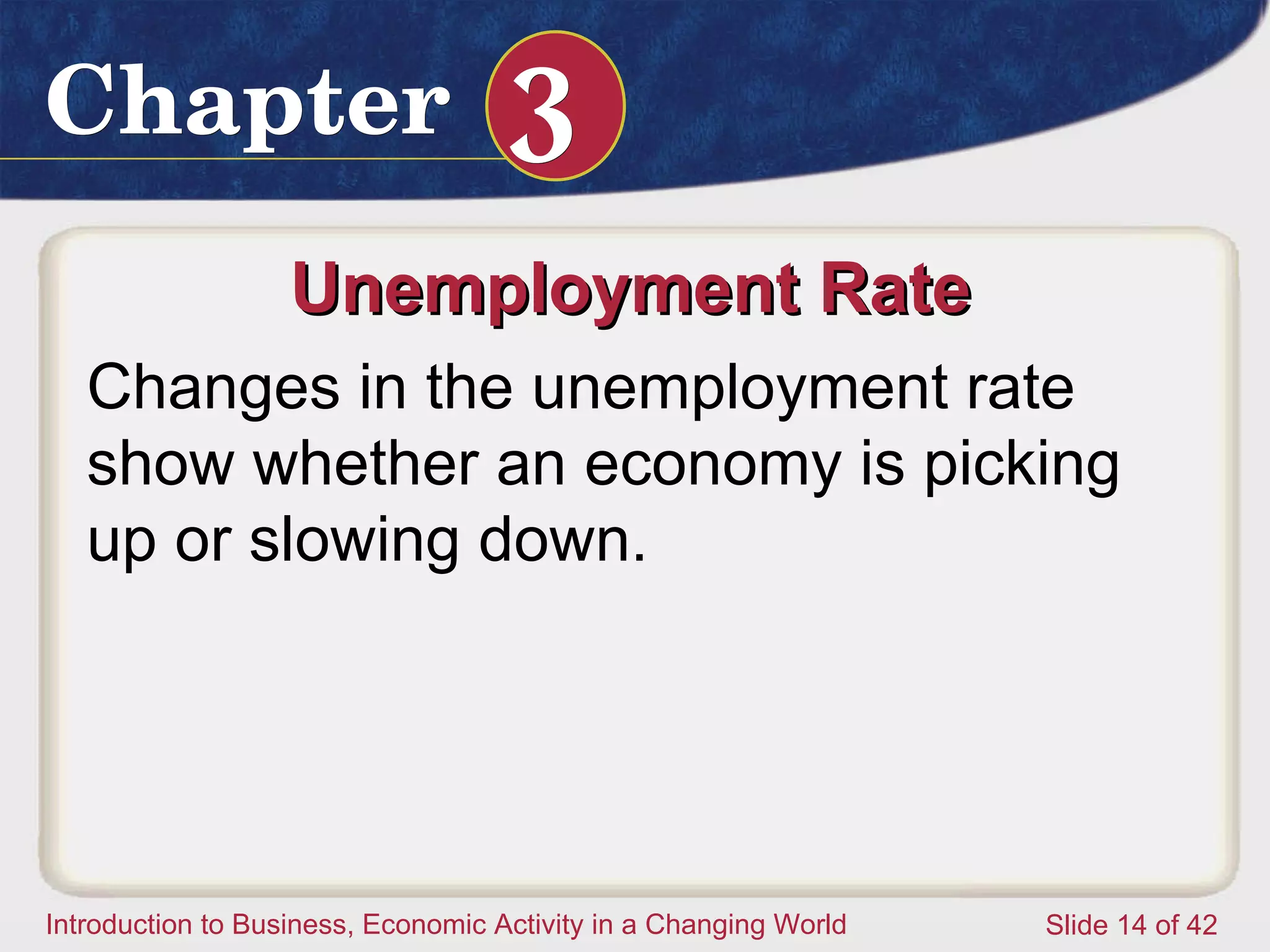 Unemployment Rate  Changes in the unemployment rate show whether an economy is picking up or slowing down.  