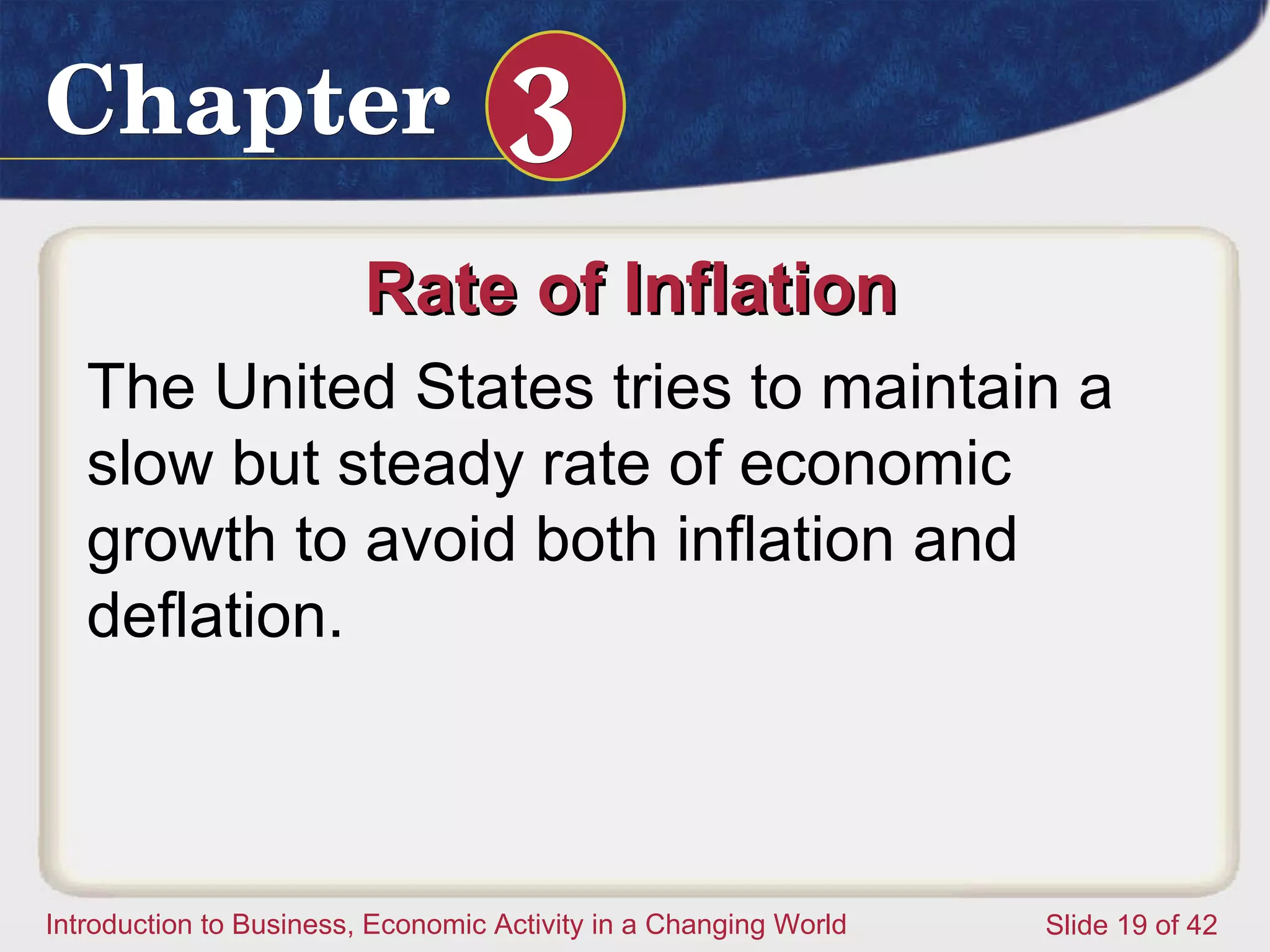 Rate of Inflation  The United States tries to maintain a slow but steady rate of economic growth to avoid both inflation and deflation.  