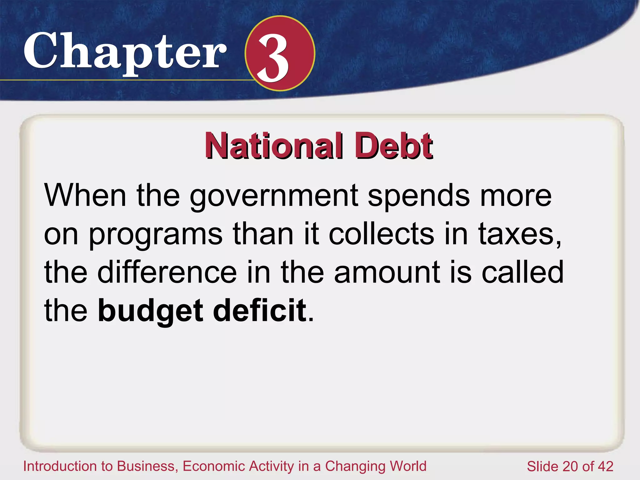 National Debt  When the government spends more on programs than it collects in taxes, the difference in the amount is called the  budget deficit .  