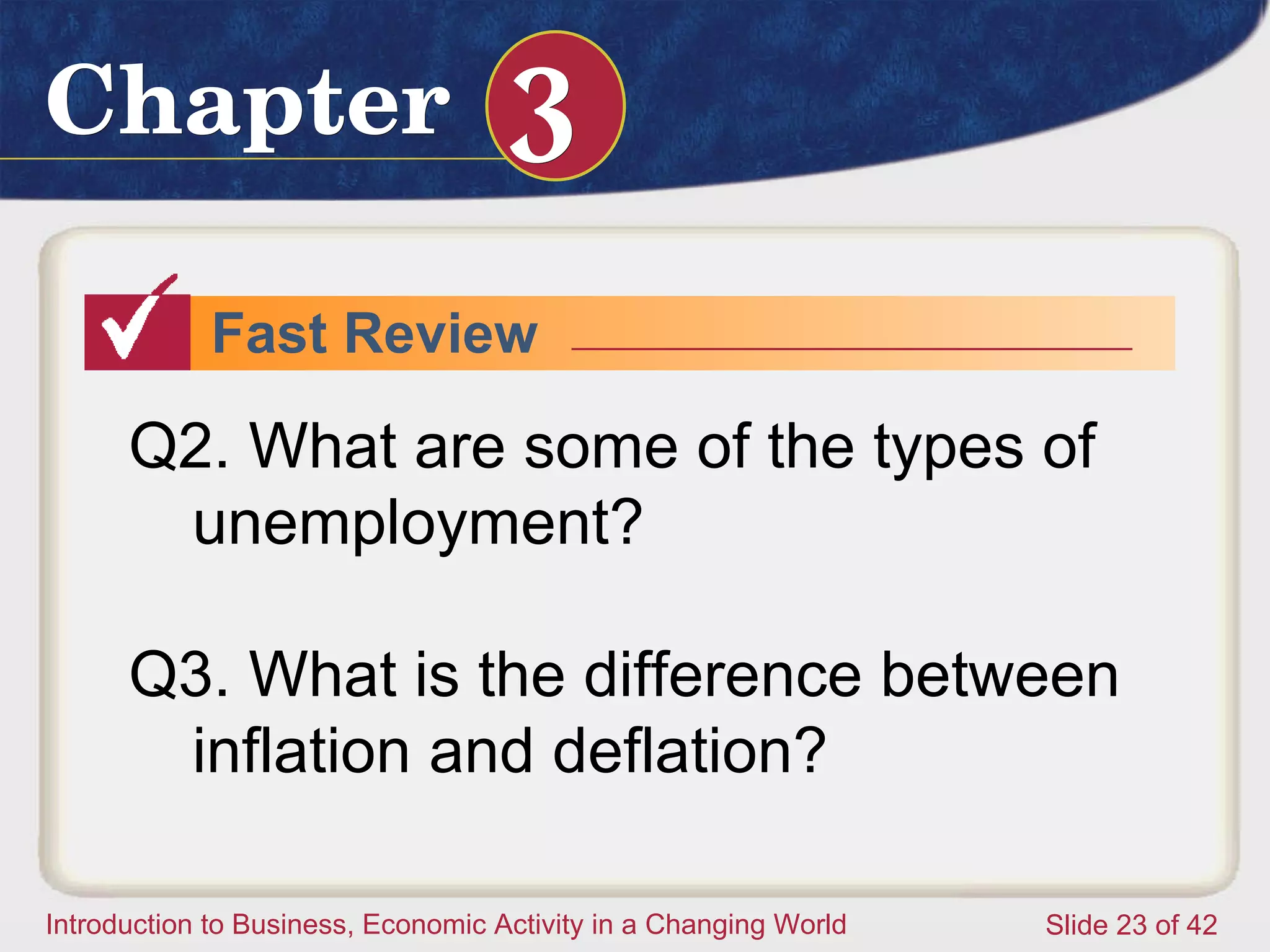 Fast Review Q2. What are some of the types of unemployment? Q3. What is the difference between inflation and deflation?  