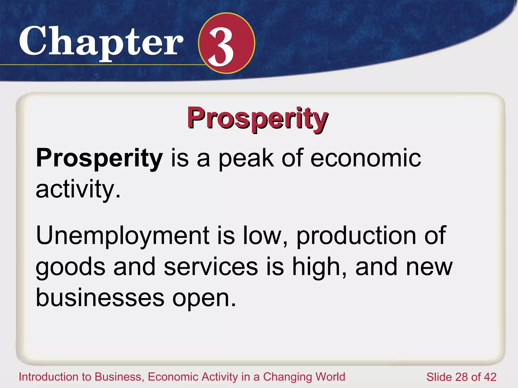 Prosperity  Prosperity  is a peak of economic activity.  Unemployment is low, production of goods and services is high, and new businesses open.  