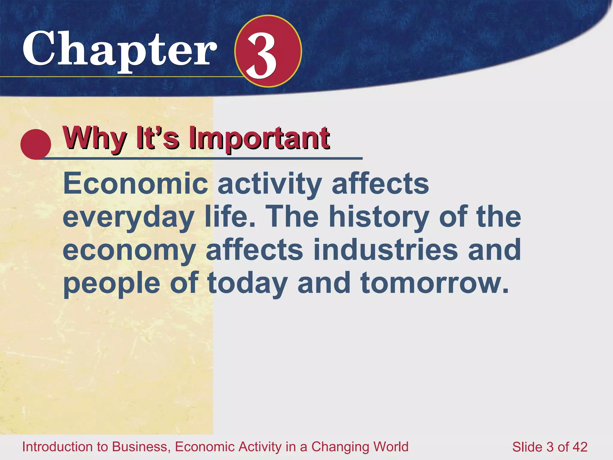 Why It’s Important Economic activity affects everyday life. The history of the economy affects industries and people of today and tomorrow.  