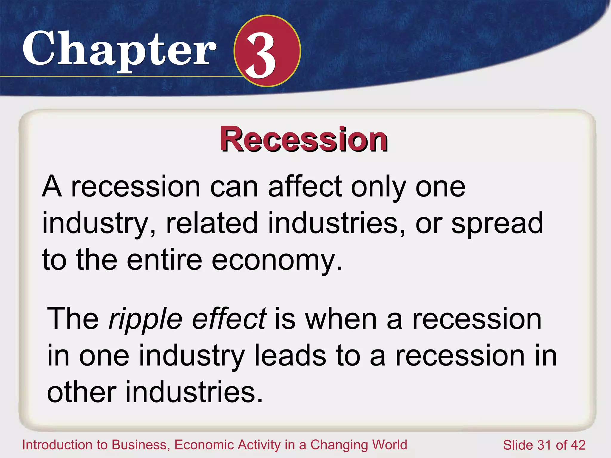 Recession  A recession can affect only one industry, related industries, or spread to the entire economy.  The  ripple effect  is when a recession in one industry leads to a recession in other industries. 
