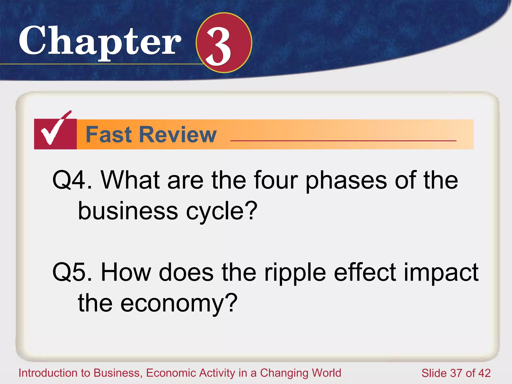 Fast Review Q4. What are the four phases of the business cycle? Q5. How does the ripple effect impact the economy?  