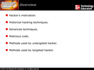 Overview  Hacker’s motivation. Historical hacking techniques. Advanced techniques. Malicious code. Methods used by untargeted hacker. Methods used by targeted hacker. 