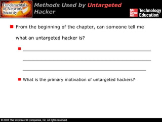 Methods Used by  Untargeted  Hacker From the beginning of the chapter, can someone tell me what an untargeted hacker is? ____________________________________________________________________________________________________________________________________________________ What is the primary motivation of untargeted hackers? 