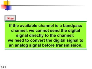 If the available channel is a bandpass channel, we cannot send the digital signal directly to the channel;  we need to convert the digital signal to an analog signal before transmission. Note 