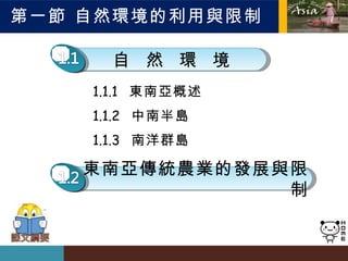 第一節 自然環境的利用與限制 1.1.1  東南亞概述 1.1.2  中南半島 1.1.3  南洋群島 自  然  環  境 東南亞傳統農業的發展與限制 