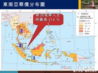 東南亞華僑分布圖 圖 3-12 新加坡華人比例最高 (75 ％ ) 圖片來源 : 翰林出版社 