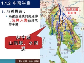 1.1.2  中南半島 地質構造： 為歐亞陸塊向南延伸， 沉降入海 所形成的半島 與中國 山同脈、水同源 圖片來源 : 翰林出版社 流經五國糾紛多 