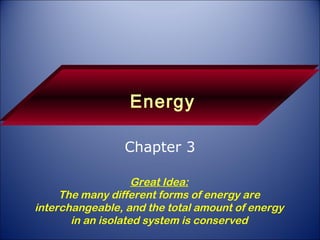 Energy Chapter 3 Great Idea: The many different forms of energy are interchangeable, and the total amount of energy in an isolated system is conserved 