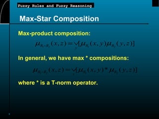 Max-Star Composition Max-product composition: In general, we have max * compositions: where * is a T-norm operator. 