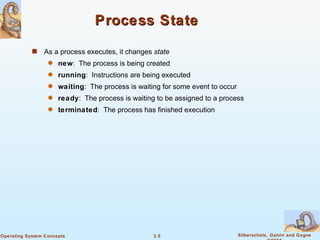Process State As a process executes, it changes  state new :  The process is being created running :  Instructions are being executed waiting :  The process is waiting for some event to occur ready :  The process is waiting to be assigned to a process terminated :  The process has finished execution 