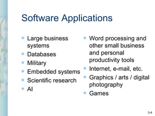 Software Applications <ul><li>Large business systems </li></ul><ul><li>Databases </li></ul><ul><li>Military </li></ul><ul>...