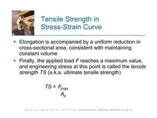 Tensile Strength in  Stress‑Strain Curve Elongation is accompanied by a uniform reduction in cross‑sectional area, consistent with maintaining constant volume  Finally, the applied load  F  reaches a maximum value, and engineering stress at this point is called the  tensile strength   TS  (a.k.a. ultimate tensile strength) TS  =  