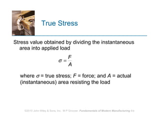 True Stress Stress value obtained by dividing the instantaneous area into applied load where    = true stress;  F  = force; and  A  = actual (instantaneous) area resisting the load 