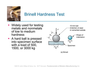 Widely used for testing metals and nonmetals of low to medium hardness  A hard ball is pressed into specimen surface with a load of 500, 1500, or 3000 kg Brinell Hardness Test 