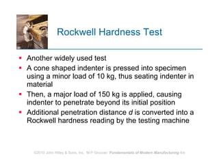 Rockwell Hardness Test Another widely used test A cone shaped indenter is pressed into specimen using a minor load of 10 kg, thus seating indenter in material Then, a major load of 150 kg is applied, causing indenter to penetrate beyond its initial position Additional penetration distance  d  is converted into a Rockwell hardness reading by the testing machine 