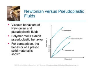 Newtonian versus Pseudoplastic Fluids Viscous behaviors of Newtonian and pseudoplastic fluids  Polymer melts exhibit pseudoplastic behavior For comparison, the behavior of a plastic solid material is shown. 