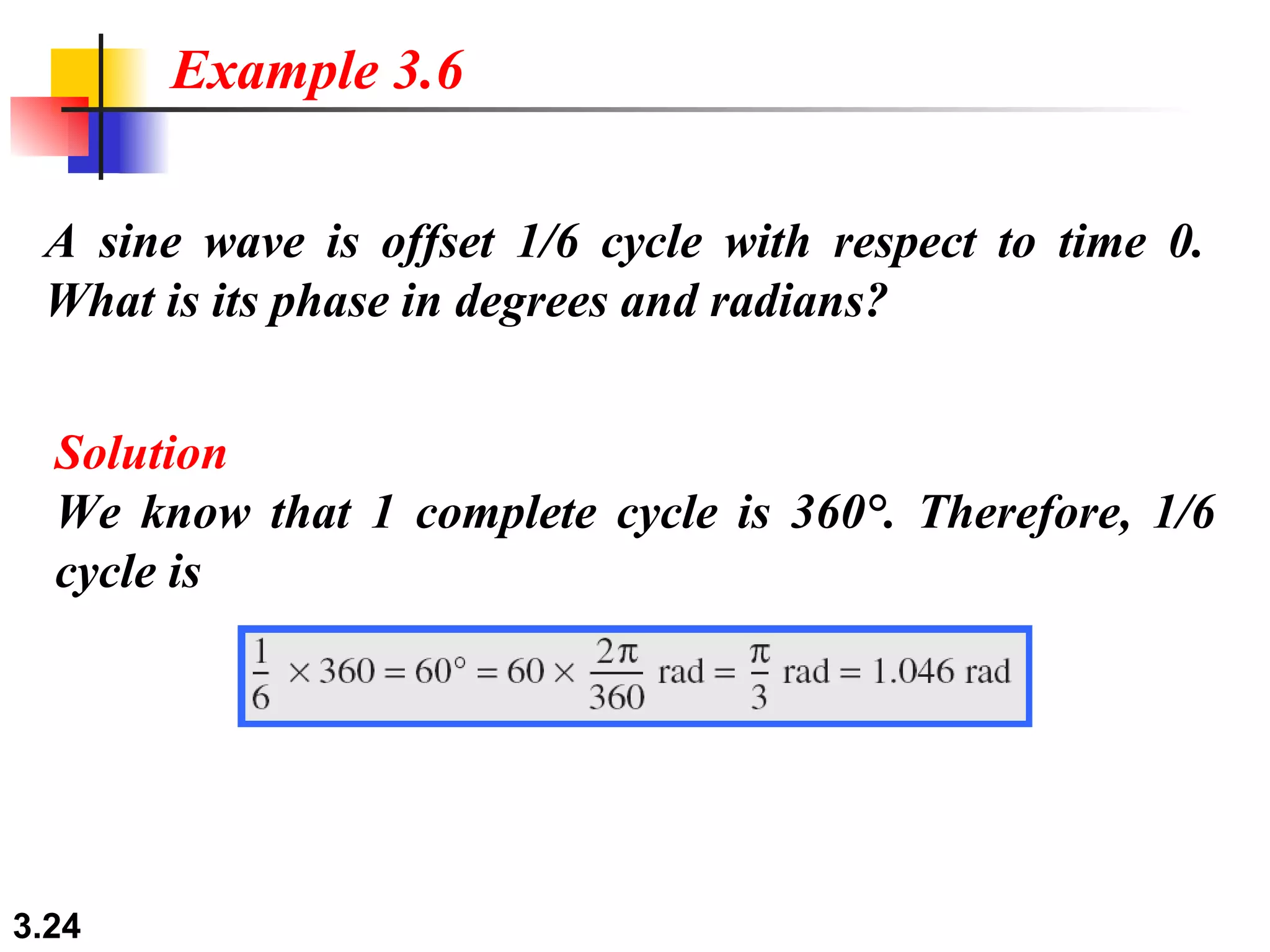 A sine wave is offset 1/6 cycle with respect to time 0. What is its phase in degrees and radians? Example 3.6 Solution We know that 1 complete cycle is 360°. Therefore, 1/6 cycle is 