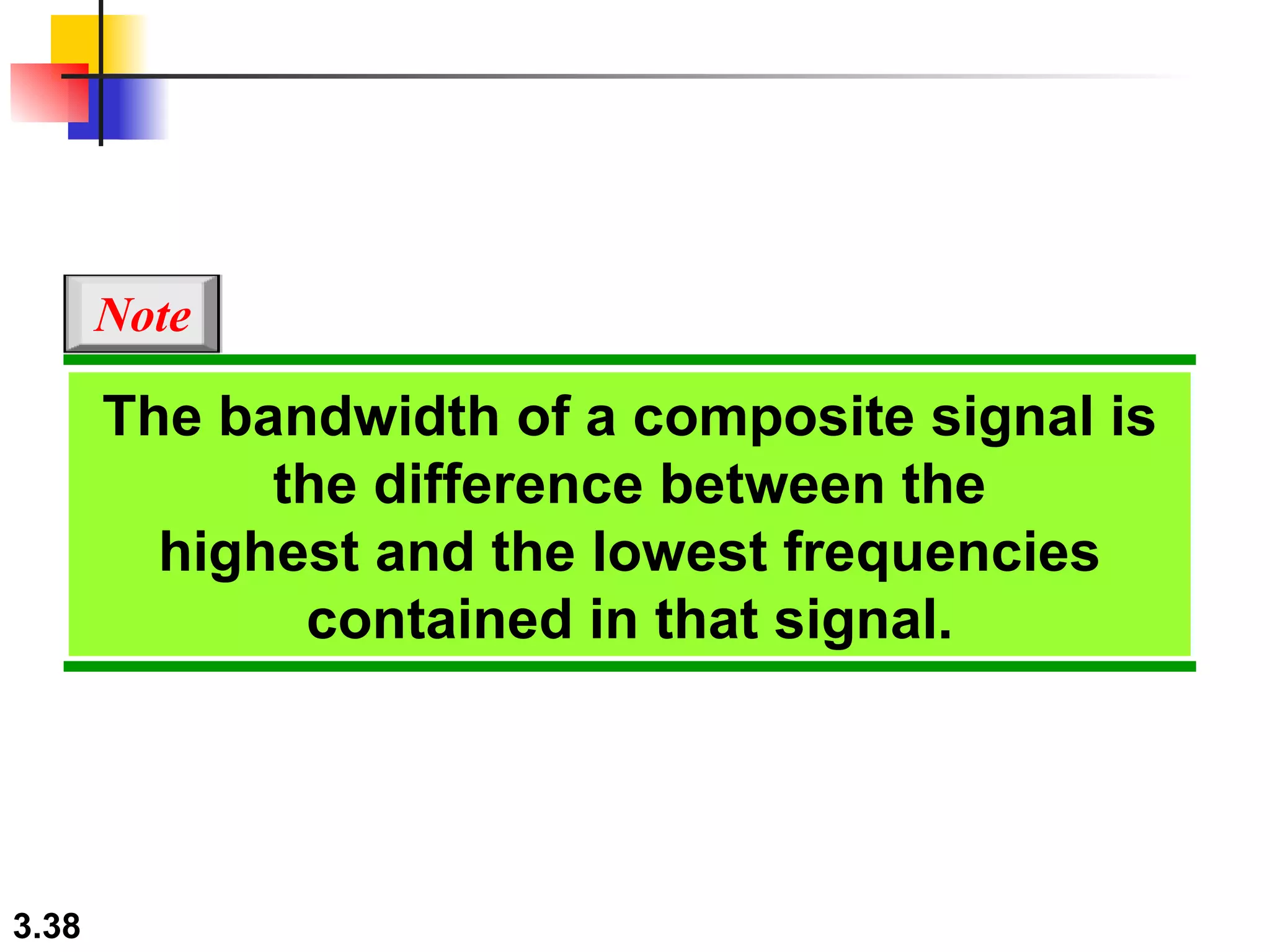 The bandwidth of a composite signal is the difference between the highest and the lowest frequencies contained in that signal. Note 