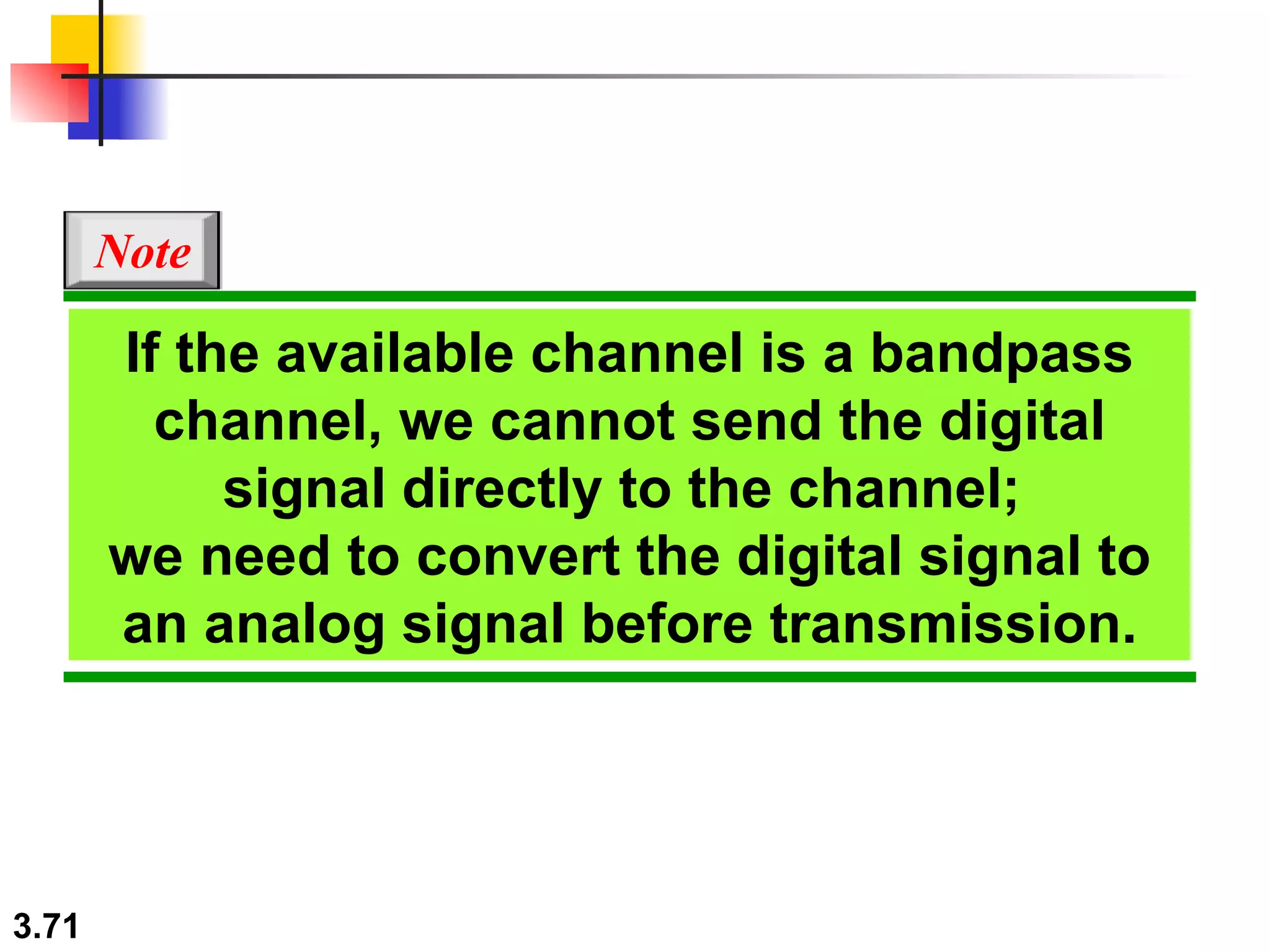 If the available channel is a bandpass channel, we cannot send the digital signal directly to the channel;  we need to convert the digital signal to an analog signal before transmission. Note 