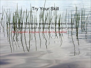 Try Your Skill Convert the following sentence to passive voice. The technician could not install the computer program.   The computer program could not be installed. Ch. 3- 