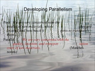 Developing Parallelism Poor:  We are very concerned with the  quality of raw materials, where  they are located, and how much it  costs to transport them. Parallel:  We are very concerned with the  quality, location, and transpor- tation costs of raw materials.   (Matches nouns) Ch. 3- 