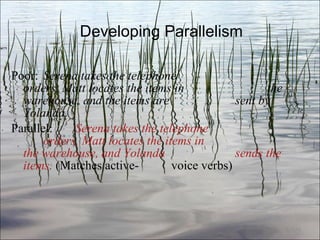 Developing Parallelism Poor:  Serena takes the telephone  orders, Matt locates the items in  the warehouse, and the items are  sent by Yolanda. Parallel:  Serena takes the telephone  orders, Matt locates the items in  the warehouse, and Yolanda  sends the items.  (Matches active- voice verbs) Ch. 3- 