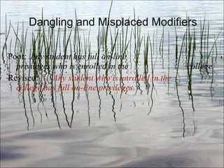 Dangling and Misplaced Modifiers Poor:  Any student has full on-line  privileges who is enrolled in the  college. Revised:  Any student who is enrolled in the  college has full on-line privileges. Ch. 3- 
