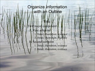 Organize Information  with an Outline Title I.  First major component A. First subpoint 1. Detail, illustration, evidence 2. Detail, illustration, evidence B. Second subpoint 1. Detail, illustration, evidence 2. Detail, illustration, evidence Ch. 3- 