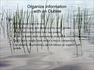 Organize Information  with an Outline Tips: Define main topic in title Divide the topic into three to five main points Break the components into sub points Strive to make each component exclusive (no overlapping) Don’t put a single item under a major component Use details, illustrations, and evidence to support sub points. Ch. 3- 