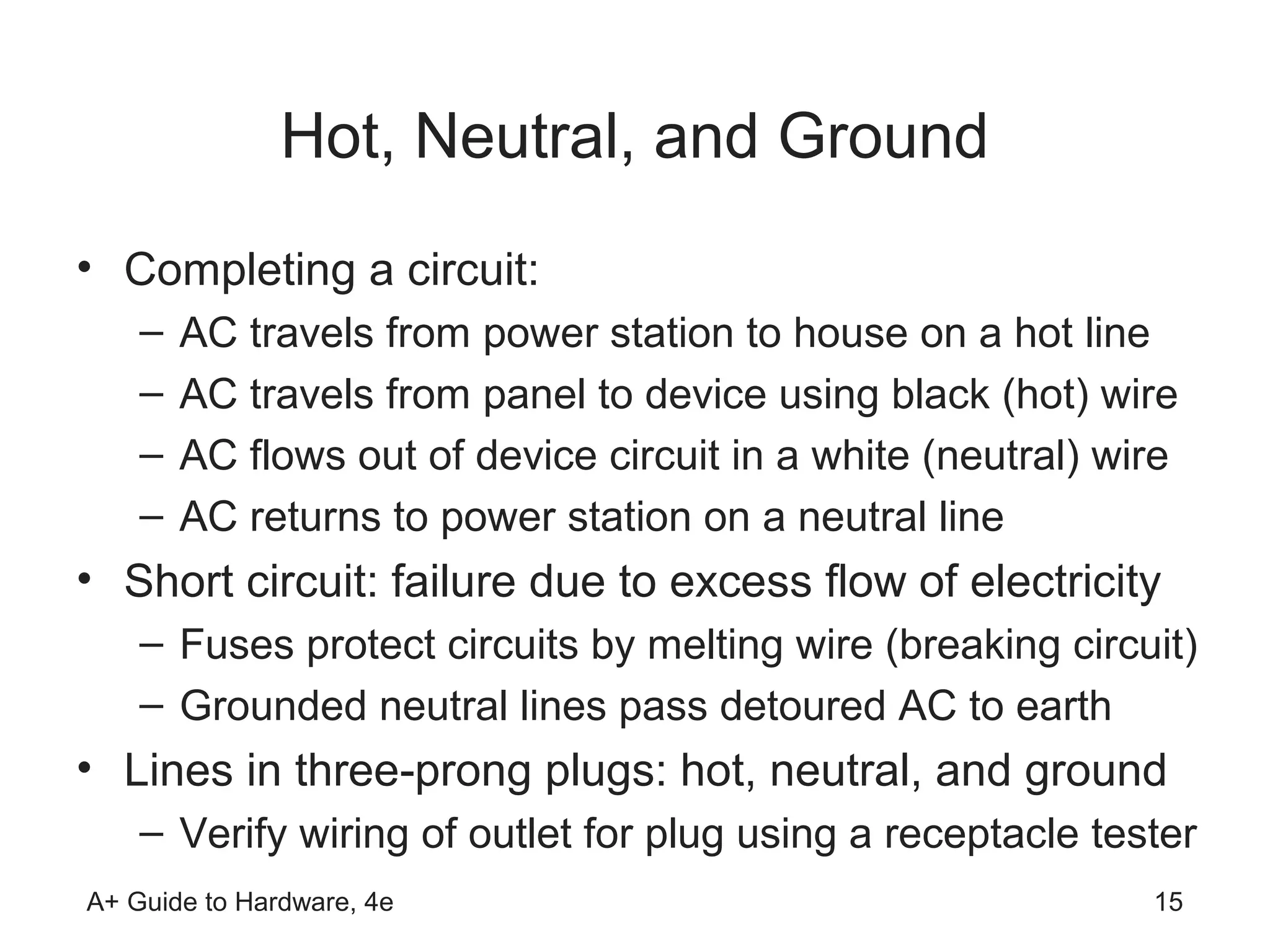 Hot, Neutral, and Ground
• Completing a circuit:
    –   AC travels from power station to house on a hot line
    –   AC travels from panel to device using black (hot) wire
    –   AC flows out of device circuit in a white (neutral) wire
    –   AC returns to power station on a neutral line
• Short circuit: failure due to excess flow of electricity
    – Fuses protect circuits by melting wire (breaking circuit)
    – Grounded neutral lines pass detoured AC to earth
• Lines in three-prong plugs: hot, neutral, and ground
    – Verify wiring of outlet for plug using a receptacle tester
A+ Guide to Hardware, 4e                                      15
 